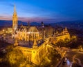 Budapest, Hungary - Aerial view of the illuminated Fisherman`s Bastion Halaszbastya and Matthias Church at dusk Royalty Free Stock Photo