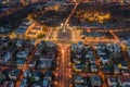 Budapest, Hungary - Aerial view of illuminated Heroes` square at dusk with City Park, Szechenyi Thermal Bath, Vajdahunyad Castle Royalty Free Stock Photo