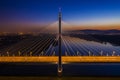 Budapest, Hungary - Aerial view of the illuminated Megyeri Bridge at dusk