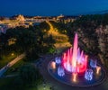 Budapest, Hungary - Aerial view of the Margaret Island Musical Fountain at dusk with Parliament building, Fisherman`s Bastion Royalty Free Stock Photo