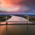 Budapest, Hungary - Aerial view of Megyeri Bridge over River Danube at sunset Royalty Free Stock Photo