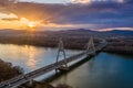 Budapest, Hungary - Aerial view of Megyeri Bridge over River Danube at sunset with heavy traffic Royalty Free Stock Photo