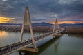 Budapest, Hungary - Aerial view of Megyeri Bridge over River Danube at sunset with heavy traffic Royalty Free Stock Photo