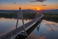 Budapest, Hungary - Aerial view of Megyeri suspension bridge at sunset with beautiful blue and golden sky and clouds Royalty Free Stock Photo