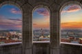 Budapest, Hungary - Aerial view of the Parliament of Hungary at sunrise with the ancient arch of the Fisherman`s Bastion Royalty Free Stock Photo