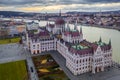 Budapest, Hungary - Aerial view of the Parliament of Hungary with Szechenyi Chain Bridge, Buda Castle Royalty Free Stock Photo