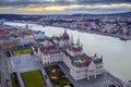 Budapest, Hungary - Aerial view of the Parliament of Hungary with Szechenyi Chain Bridge, Buda Castle Royal Palace Royalty Free Stock Photo