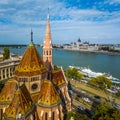 Budapest, Hungary - Aerial view of Reformed Church at Szilagyi Dezso Square with the Hungarian Parliament Royalty Free Stock Photo