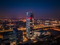 Budapest, Hungary - Aerial view of Budapest\'s new, illuminated skyscraper building with Rakoczi bridge above River Danube