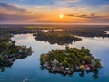 Budapest, Hungary - Aerial view of small fishing island on Lake Kavicsos Kavicsos to of Csepel district with a warm sunrise Royalty Free Stock Photo