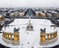 Budapest, Hungary - Aerial view of snowy Heroes ` Square Hosok tere with Andrassy and Dozsa Gyorgy street