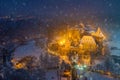 Budapest, Hungary - Aerial view of snowy Vajdahunyad castle in City Park with lovely Christmas market Royalty Free Stock Photo