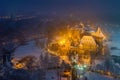 Budapest, Hungary - Aerial view of snowy Vajdahunyad castle in City Park with lovely Christmas market Royalty Free Stock Photo