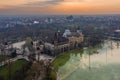 Budapest, Hungary - Aerial view of the Vajdahunyad Castle in City Park Varosliget with City Park Lake and golden sunrise Royalty Free Stock Photo