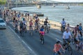 BUDAPEST, HUNGARY APRIL 22, 2018: Bicyclists` parade in Budapest, Hungary with many happy people