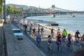 BUDAPEST, HUNGARY APRIL 22, 2018: Bicyclists` parade in Budapest, Hungary with many happy people