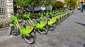 Green bikes for public bike sharing are parked inline on Budapest street Royalty Free Stock Photo