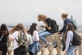 Budapest, Hungary - April 10, 2018: Group of happy smiling carefree young stylish girls communicate against the background of the Royalty Free Stock Photo