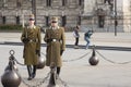 Budapest, Hungary - April 6, 2018: Members of the Hungarian Honor Guard marching around the hoisted Hungarian flag near the