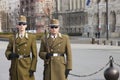 Budapest, Hungary - April 6, 2018: Members of the Hungarian Honor Guard marching around the hoisted Hungarian flag near the