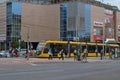 Yellow tram line in the city center. Royalty Free Stock Photo