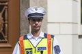 A pair of police patrols in the streets of Budapest.