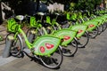 Budapest, Hungary, 9 August 2019: Public bike sharing bicycles called MOL BUBI in a docking station, available for for rental Royalty Free Stock Photo