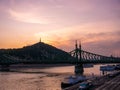 View on the Libery Bridge and the Gellert Hill and the Liberty statue in the background in Budapest