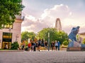 View on the people walking on the Deak Ferenc square with the Budapest Eye wheel is in the background Royalty Free Stock Photo