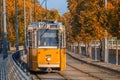 Budapest, Hungary - Autumn foliage with traditional yellow tram on the move