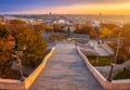 Budapest, Hungary - Autumn sunrise at Budapest with the steps of Fisherman`s Bastion. Parliament and St. Stephen`s Basilica