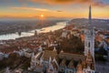 Budapest, Hungary - Beautiful aerial sunrise with Matthias Church, Fisherman`s Bastion, Szechenyi Chain Bridge and Buda Castle