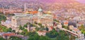 Budapest, Hungary. Beautiful aerial view of historic Buda Castle Royal Palace and South Rondella at sunrise with blue sky and Royalty Free Stock Photo
