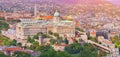 Budapest, Hungary. Beautiful aerial view of historic Buda Castle Royal Palace and South Rondella at sunrise with blue sky and