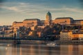 Budapest, Hungary - Beautiful golden sunrise at the Buda side with Buda Castle Royal Palace Royalty Free Stock Photo