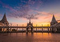 Budapest, Hungary - Beautiful golden sunrise at Fisherman`s Bastion with Parliament of Hungary Royalty Free Stock Photo