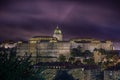 Budapest, Hungary - Beautiful illuminated Buda Castle Royal Palace at night with smoke at background after the fireworks Royalty Free Stock Photo