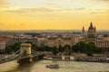 Budapest, Hungary: Beautiful landscape of the city, the bridge and the Danube river at sunset. Panorama top view from the hill to Royalty Free Stock Photo