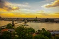 Budapest, Hungary: Beautiful landscape of the city, the bridge and the Danube river at sunset. Panorama top view from the hill to Royalty Free Stock Photo