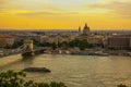 Budapest, Hungary: Beautiful landscape of the city, the bridge and the Danube river at sunset. Panorama top view from the hill to Royalty Free Stock Photo