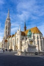 Budapest, Hungary - 01.23.2023: Beautiful Matyas templom Matthias church in Buda castle Budapest with blue sky