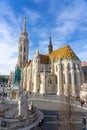 Budapest, Hungary - 01.23.2023: Beautiful Matyas templom Matthias church in Buda castle Budapest with blue sky