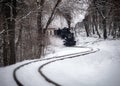 Budapest, Hungary - Beautiful winter forest scene with snow and old steam locomotive on the track in the Hungarian woods Royalty Free Stock Photo