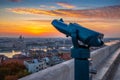 Budapest, Hungary - Blue binoculars with the view of Pest with St. Stephen`s Basilica, Szechenyi Chain Bridge Royalty Free Stock Photo