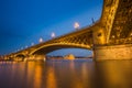 Budapest, Hungary - Blue hour at the beautiful illuminated Margaret Bridge with the Parliament of Hungary Royalty Free Stock Photo