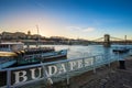 Budapest, Hungary - Boats on River Danube with Buda Castle Royal Palace and Szechenyi Chain Bridge Royalty Free Stock Photo