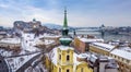 Budapest, Hungary - Catholic church with snowy Buda district, Buda Castle Royal Palace, Varkert Bazaar, Szechenyi Chain Bridge