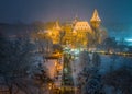 Budapest, Hungary - Christmas market in snowy City Park Varosliget from above at night with snowy trees and Vajdahunyad castle