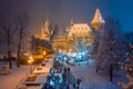 Budapest, Hungary - Christmas market in snowy City Park Varosliget from above at night with snowy tree