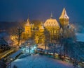 Budapest, Hungary - Christmas market in snowy City Park Varosliget from above at night Royalty Free Stock Photo